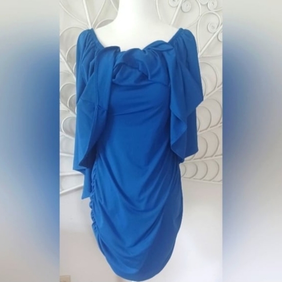 Polyester Off-Shoulder Bodycon Mini Dress, Bodycon Batwing Bkue Dress, (L) - Picture 5 of 10